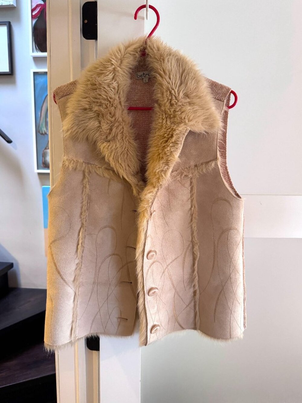 Y2K vintage beige tan faux fur suede knitted back sleeveless collared vest